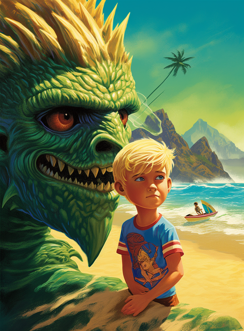 Young boy on tropical beach with kaiju monster