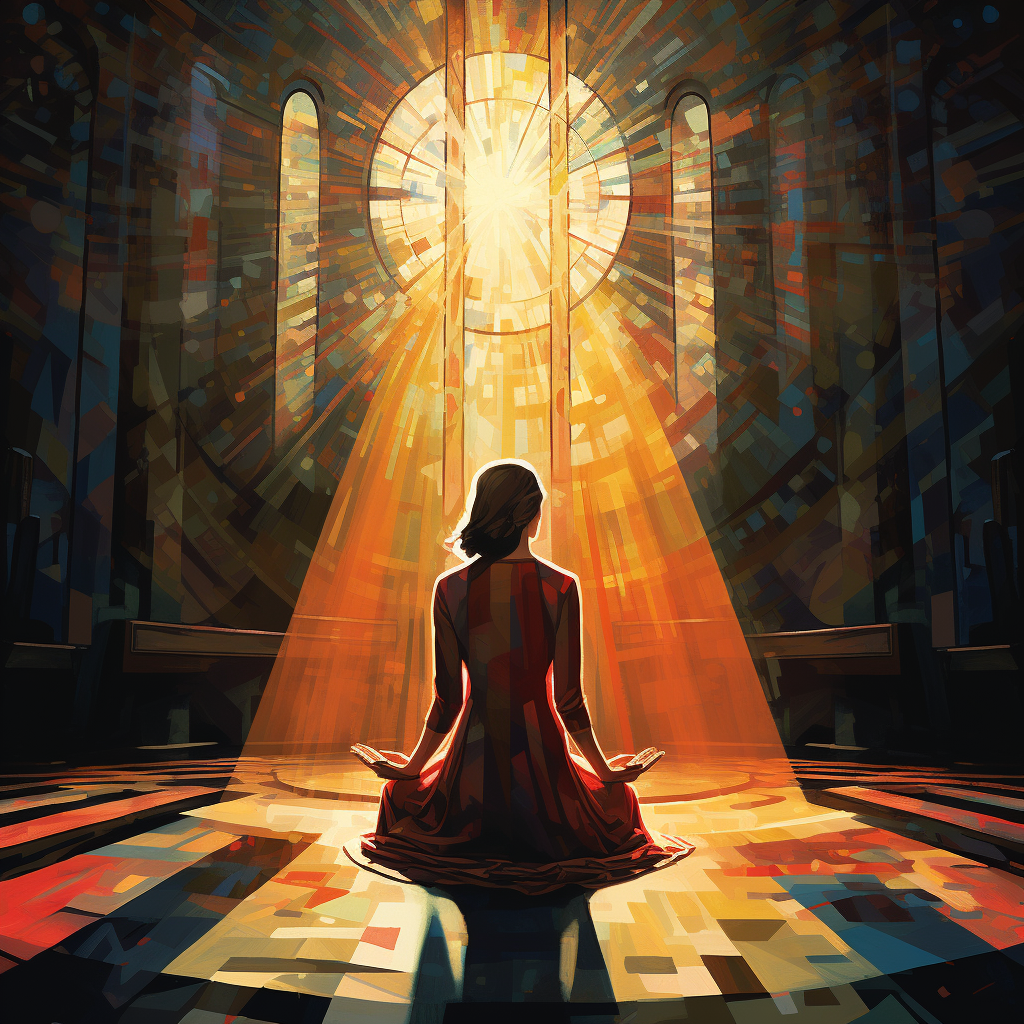 Woman praying in cathedral illustration