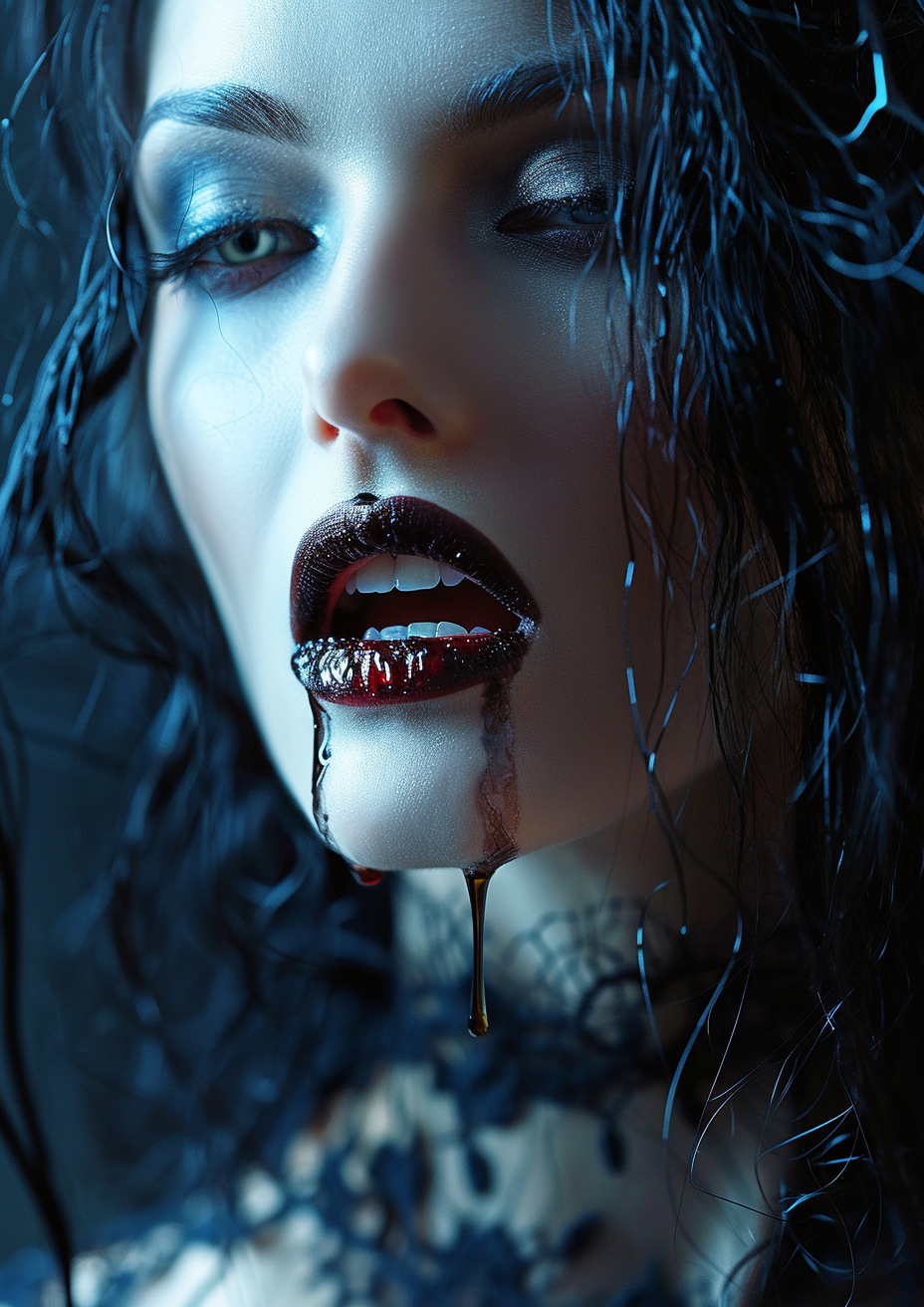 close-up of model with vampire fangs