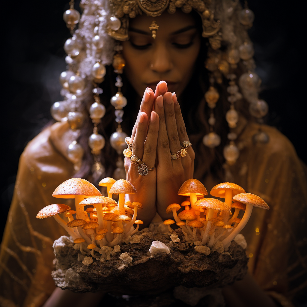 Beautiful Mushroom Priestess with Hand Mudras