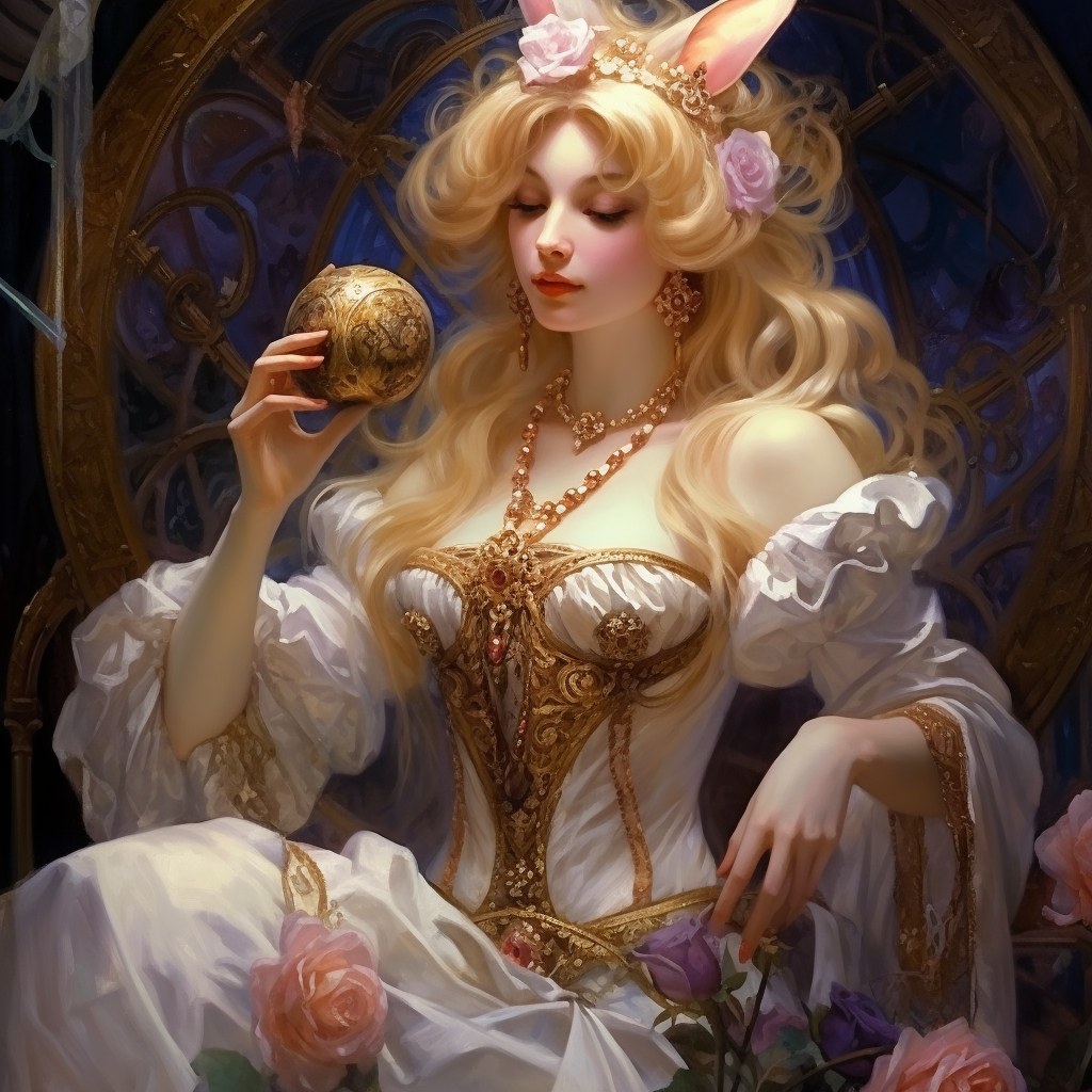 Beautiful queen holding a white rabbit