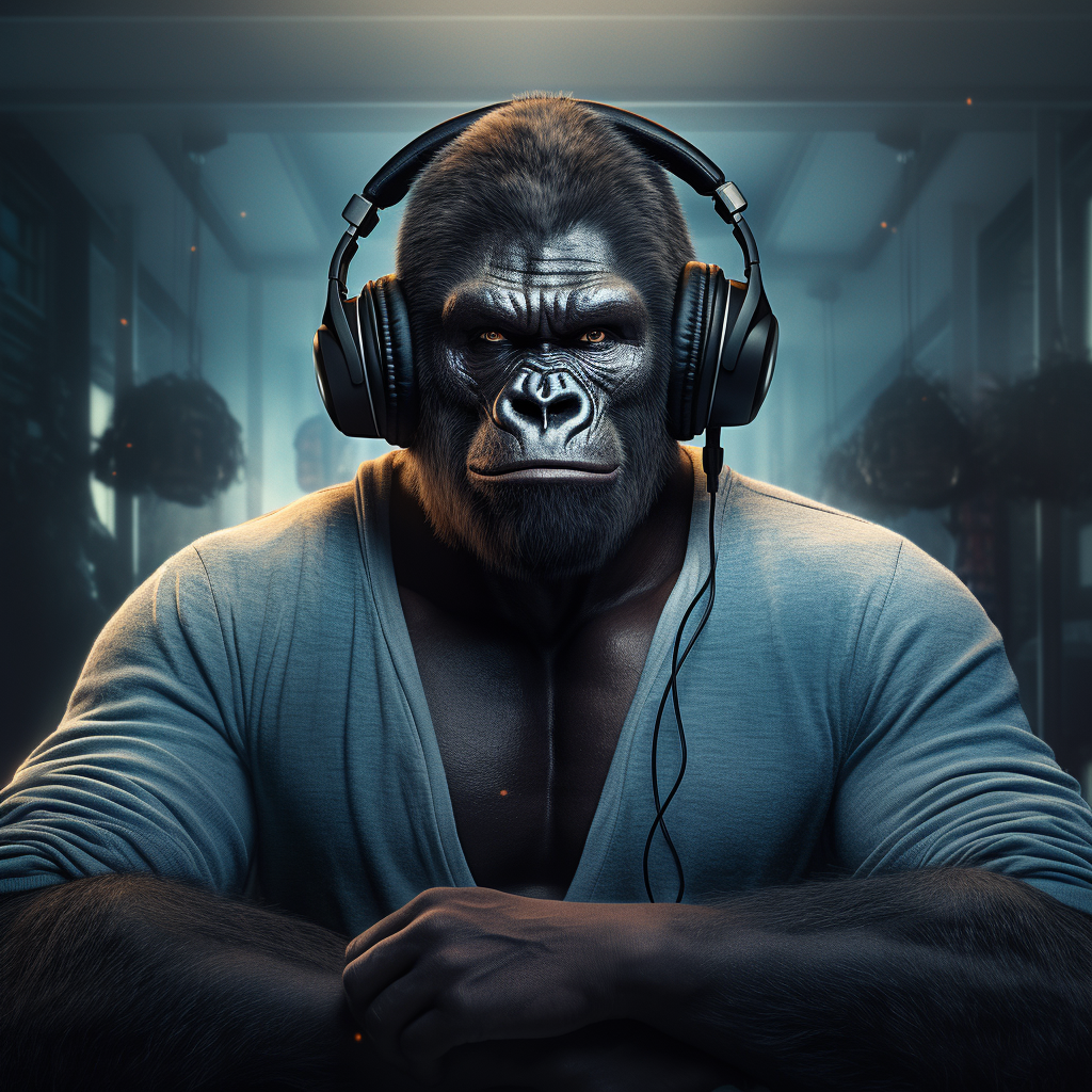 Gorilla wearing headphones in gym