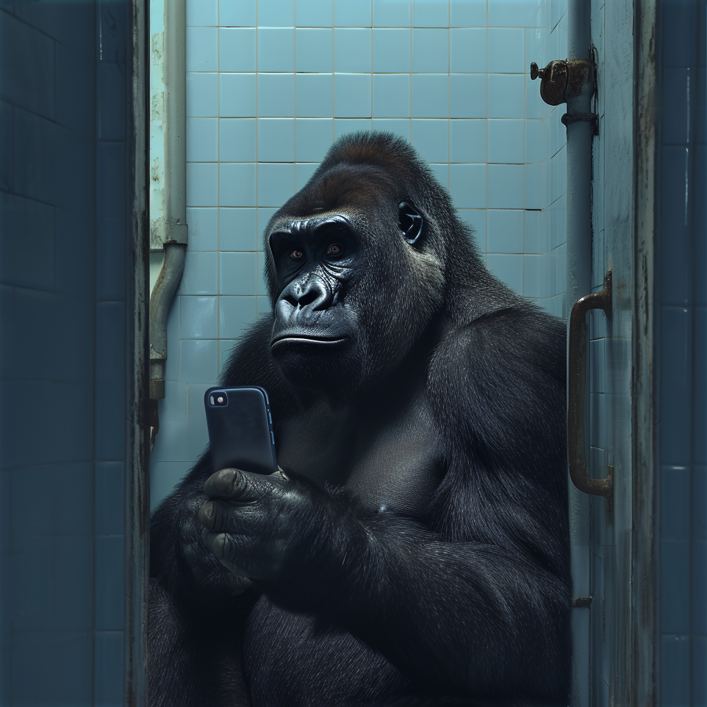 Gorilla using smartphone in restroom