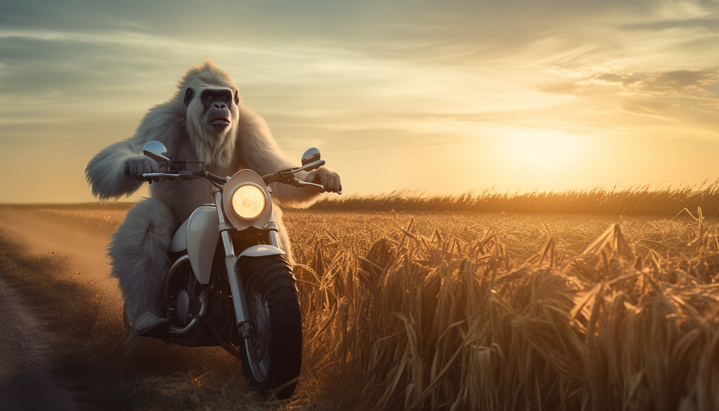 Gorilla riding motorcycle in Kansas sunset