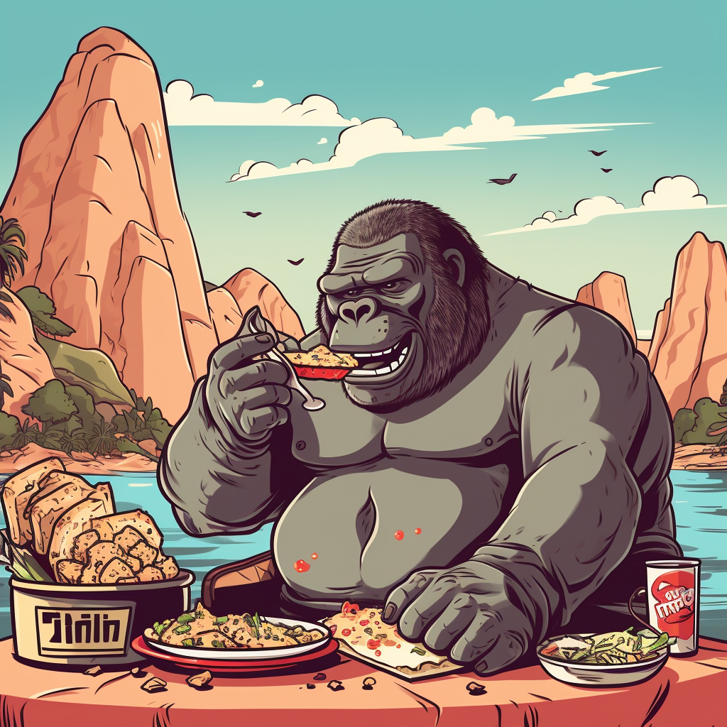 Cartoon gorilla tourist eating pizza in Italy