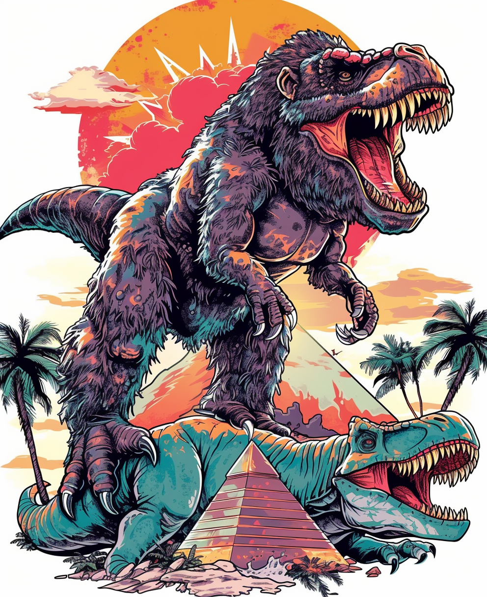 Gorilla warrior riding T-Rex in vibrant pop art scene