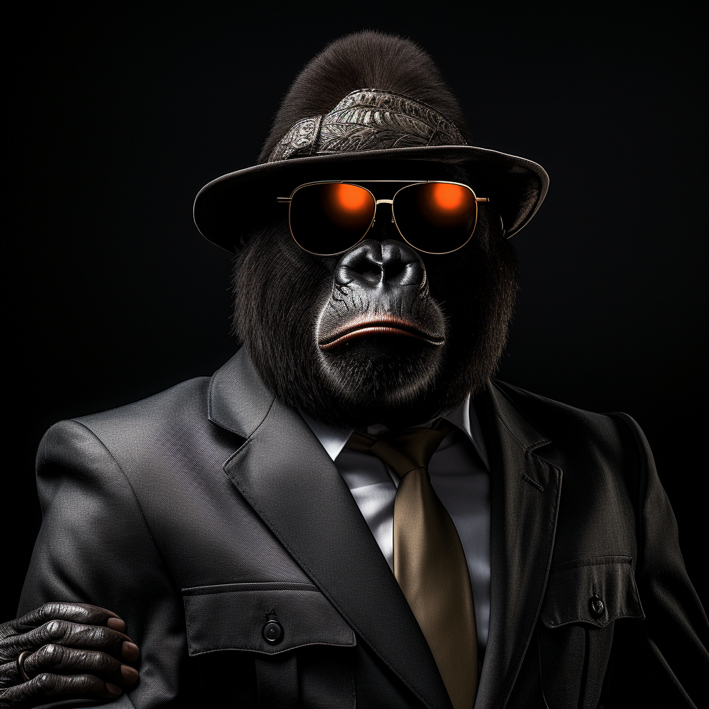 Gorilla in black suit with sunglasses