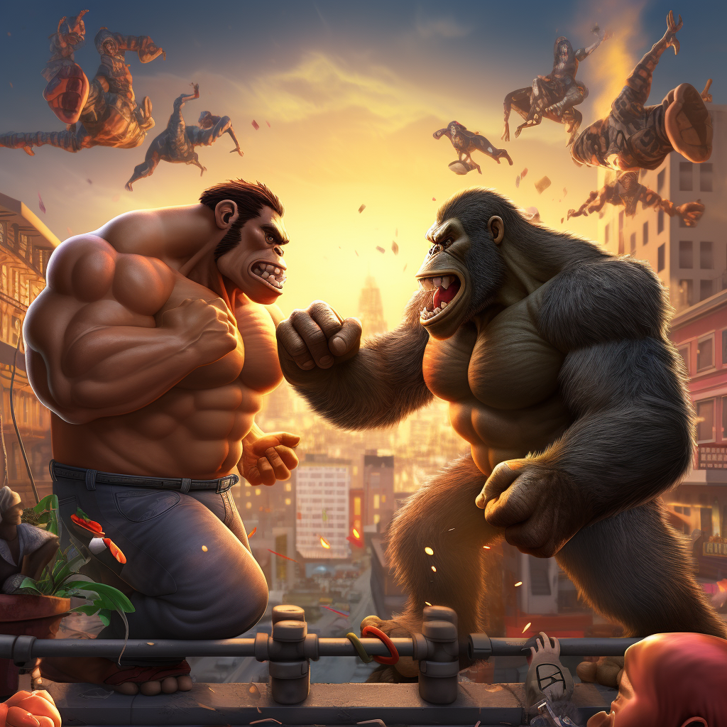 Strong gorilla fighting Donkey Kong in city rooftop