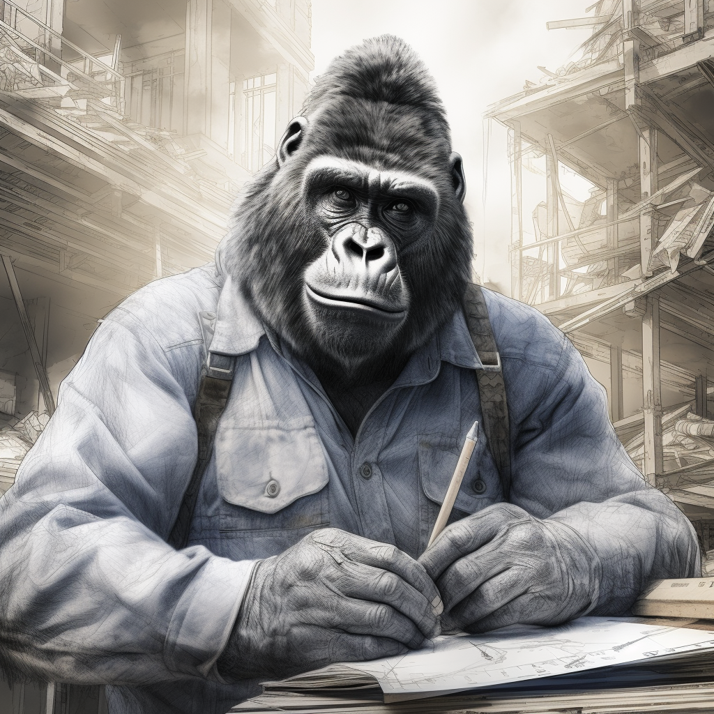 Gorilla engineer on construction site drawing