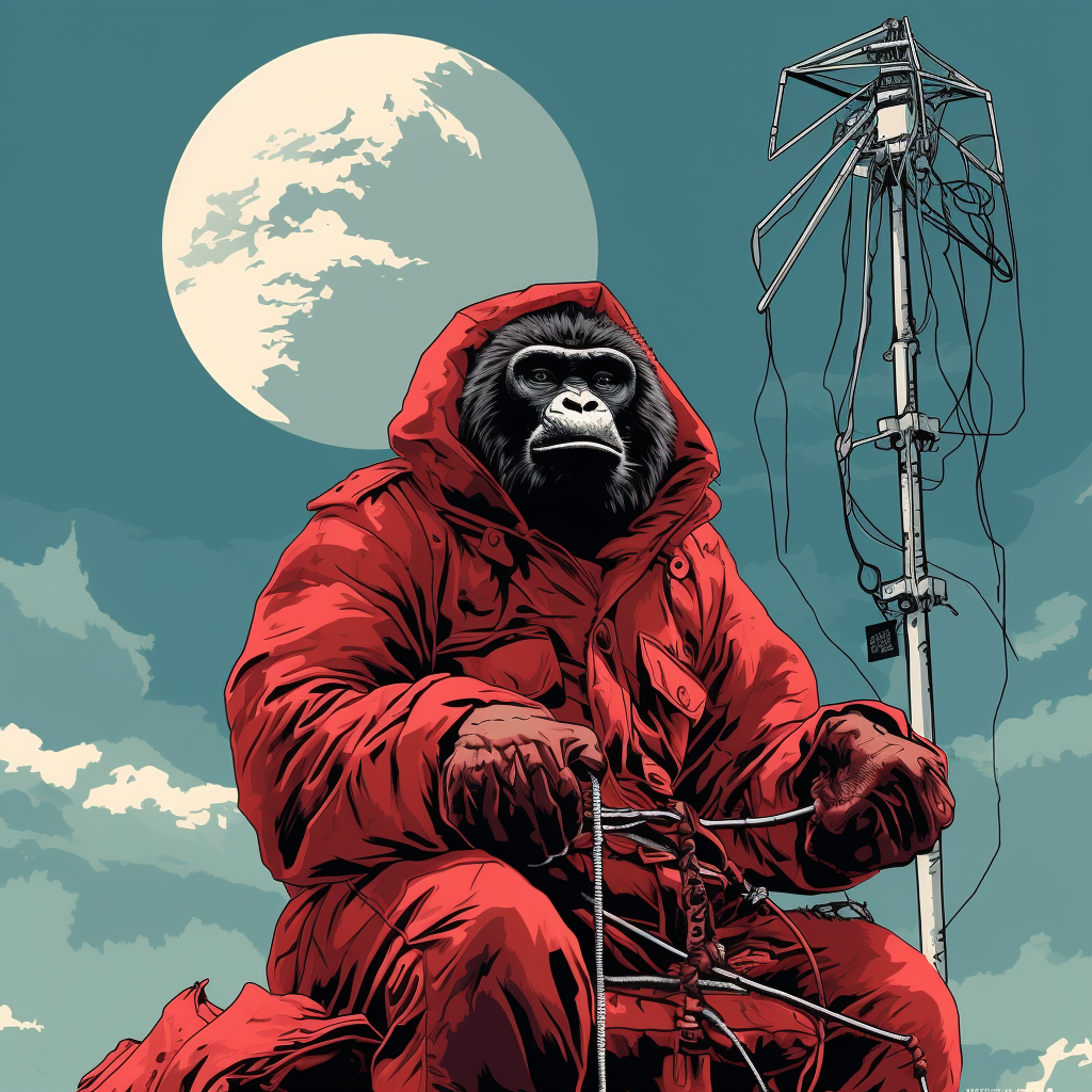 Gorilla wearing red beret clinging to antenna