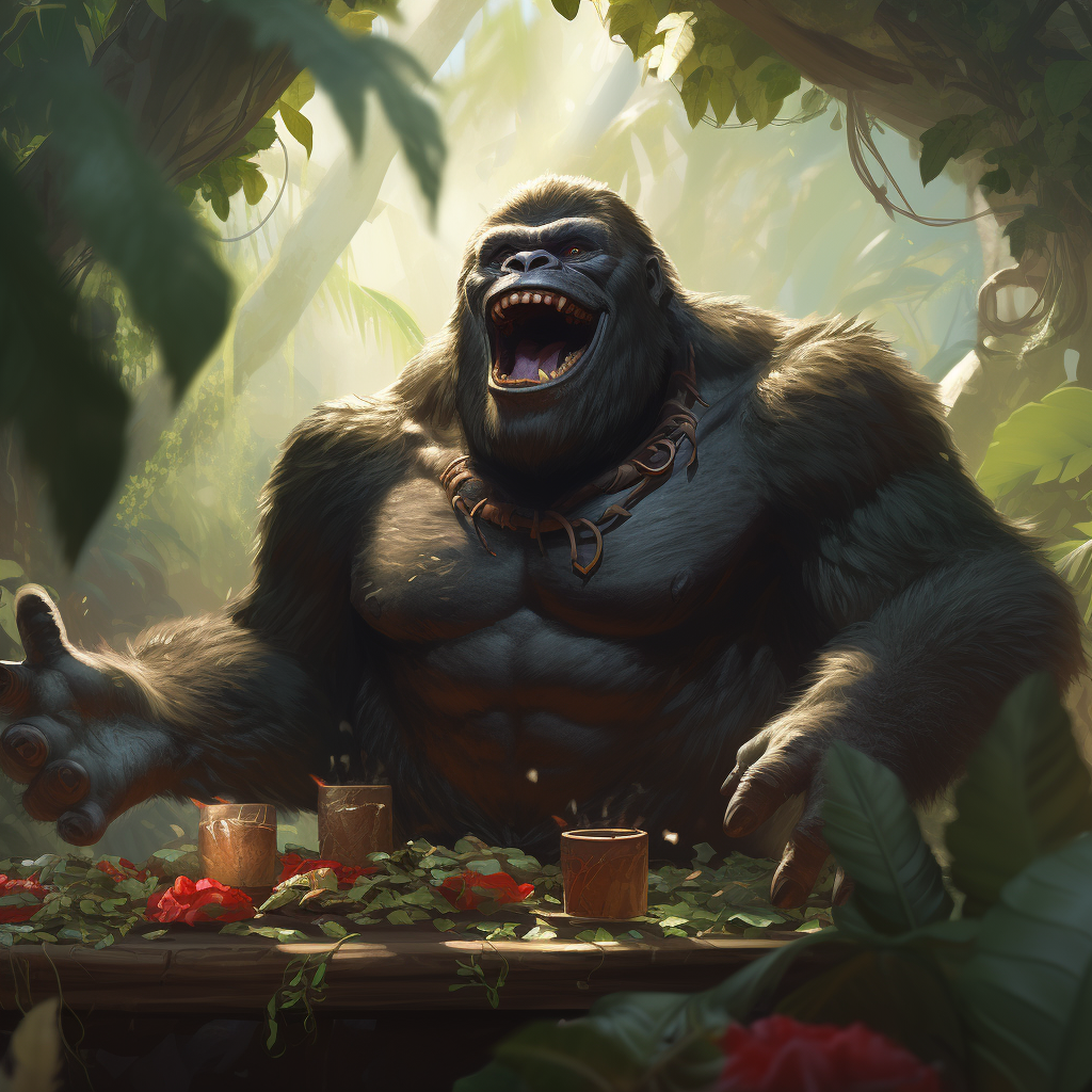 Smiling gorilla eating fruit in jungle