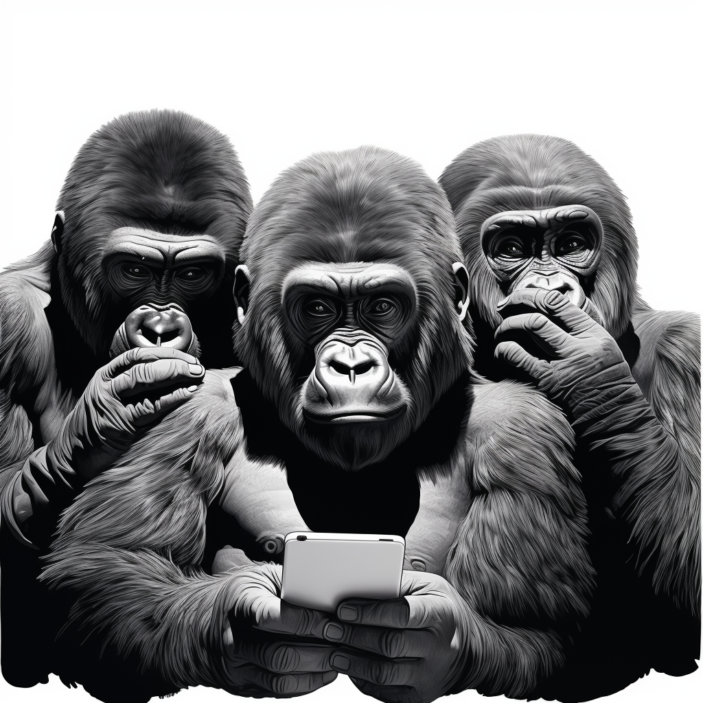 Gorillas covering senses, one on cellphone