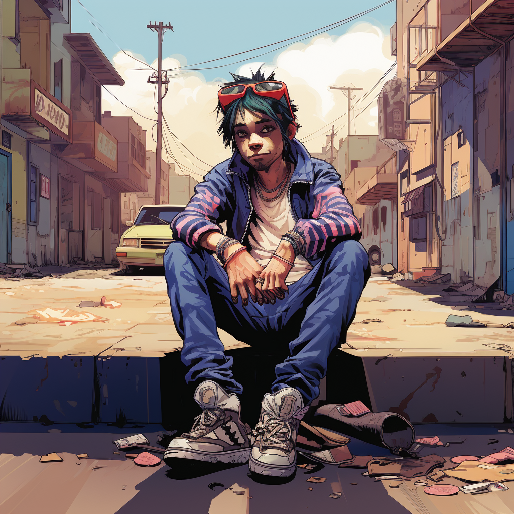 Colorful illustration of Gorillaz 2-D chilling on a curb with a sandwich