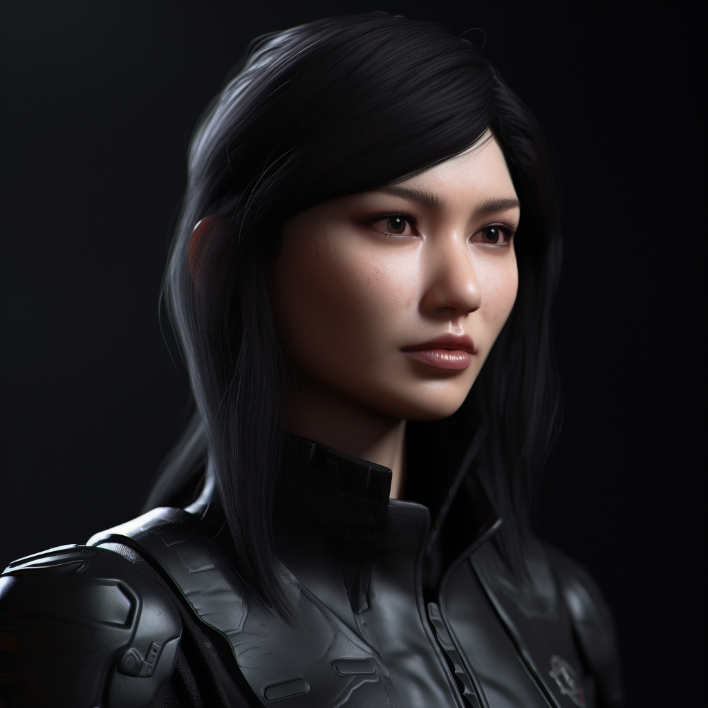 Close-up of Goth Gemma Chan in Black Agent Gear