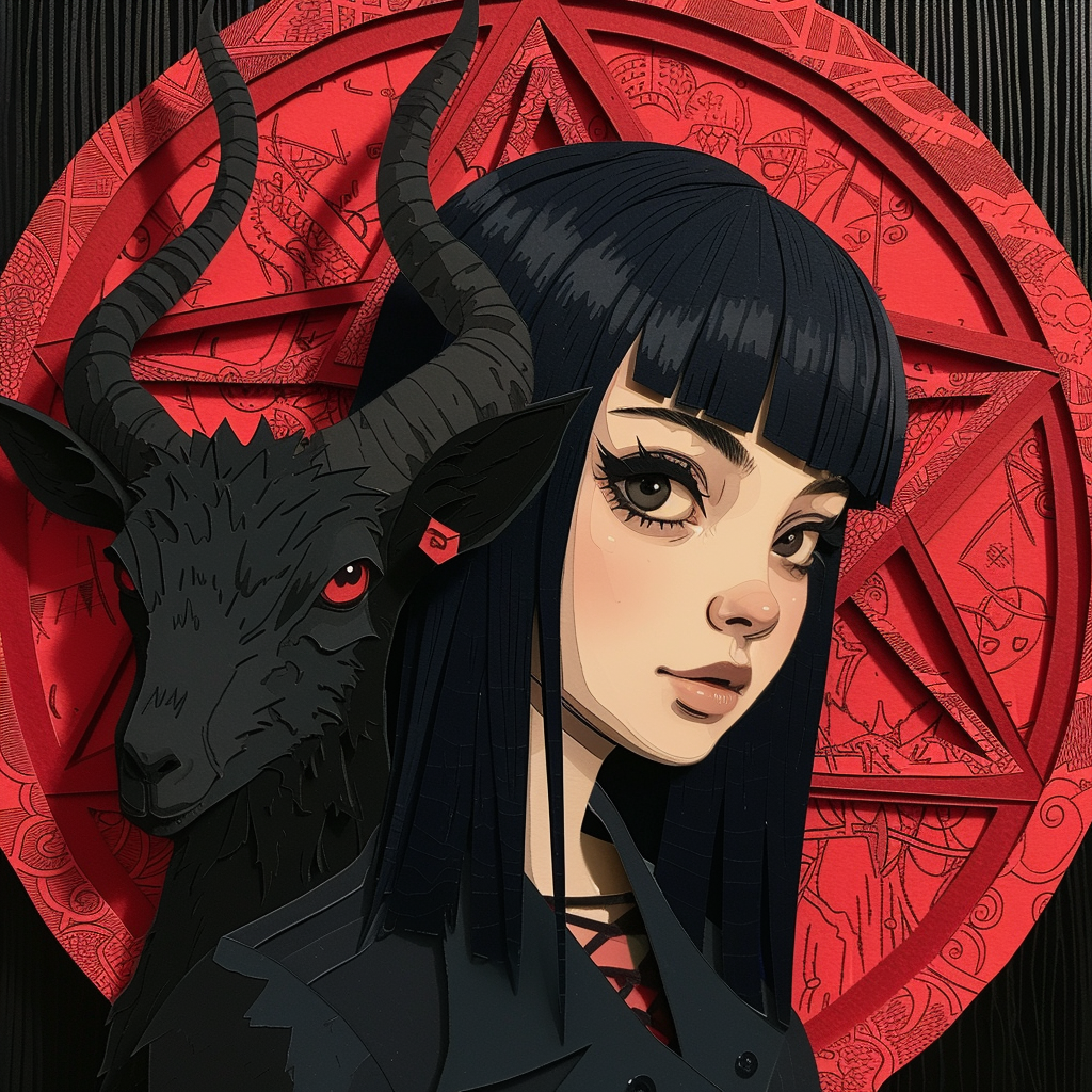 Goth girl with black hair and satanic pentagram