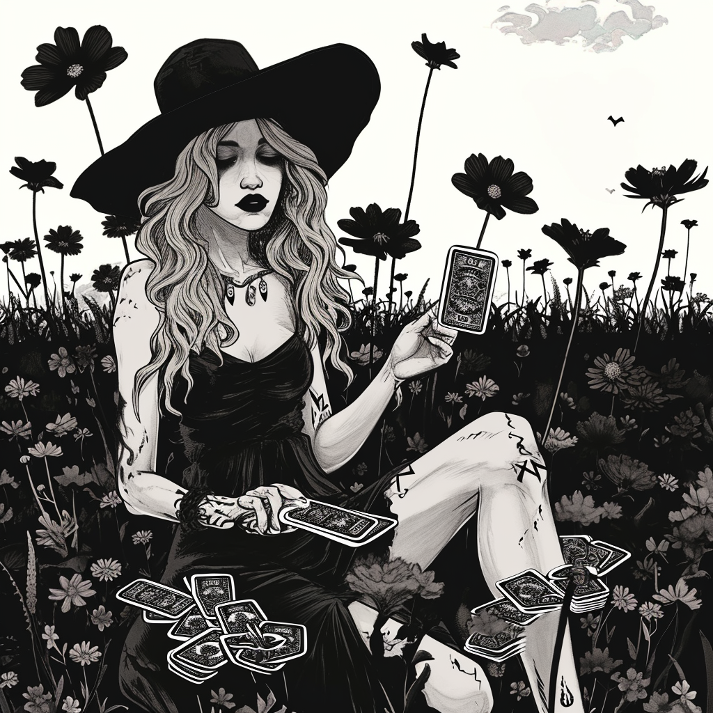 Goth girl with tarot cards in black sundress