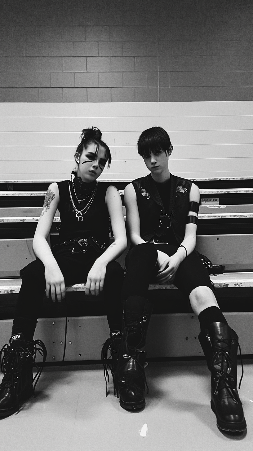 Stylish goth punk high school twins on bleachers in gym