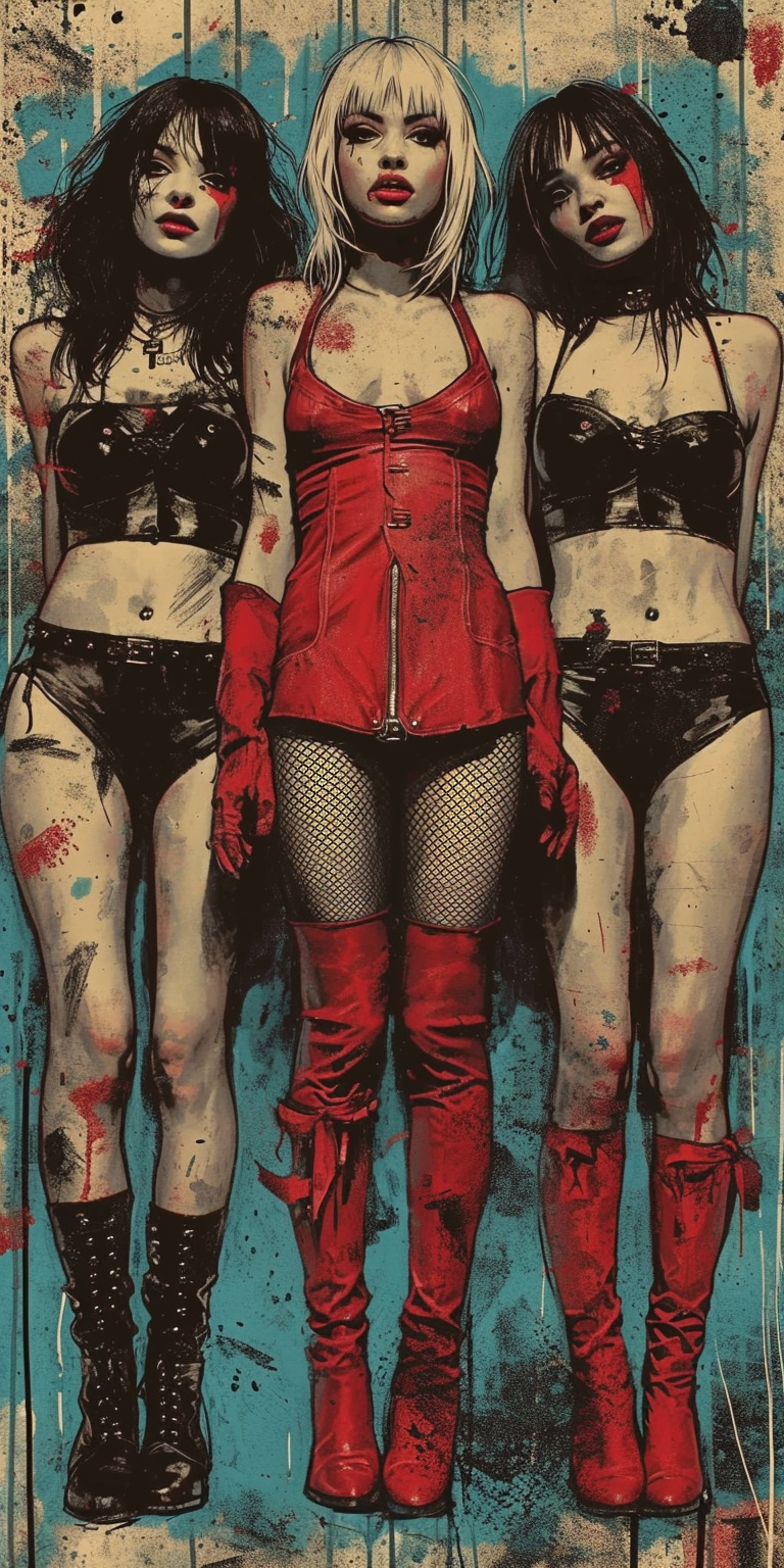 Three goth girls in thigh high boots and skin tight latex