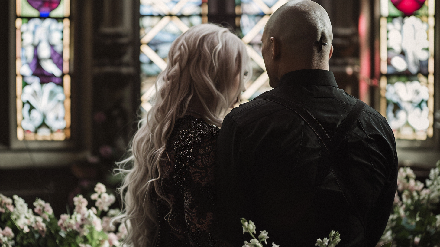 Gothic wedding ceremony with stained glass