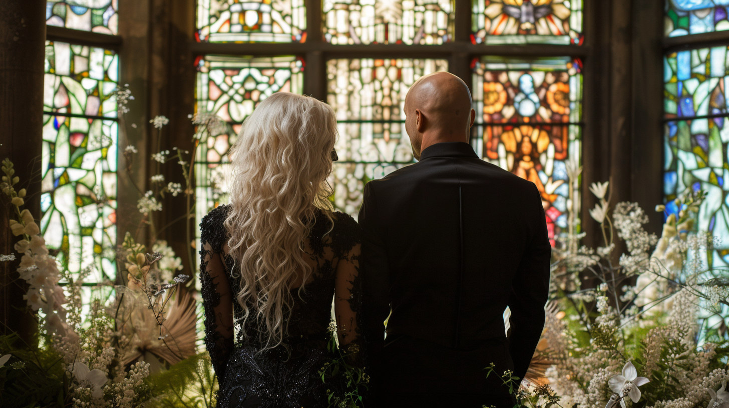 Wedding couple in front of stained glass