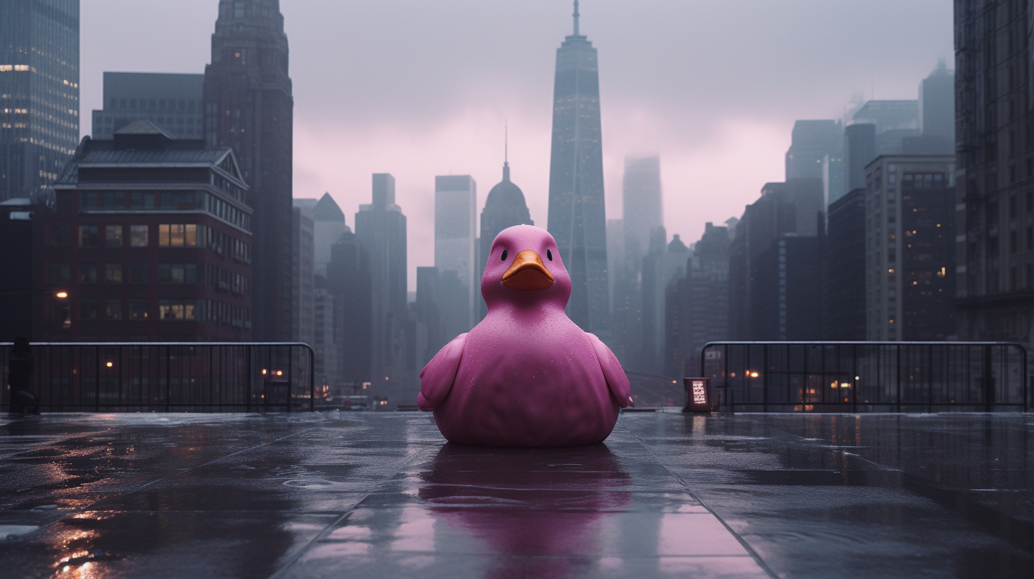 Image of Gotham City with Pink Duck in Rain