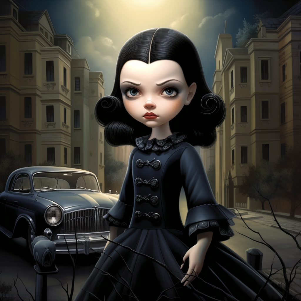 Wednesday Addams driving the Batmobile