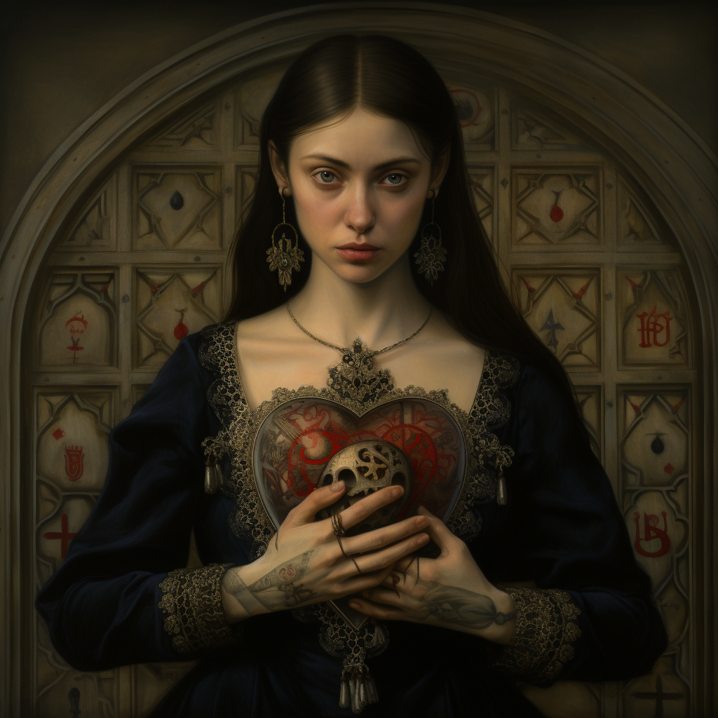 Gothic brunette woman holding sacred heart