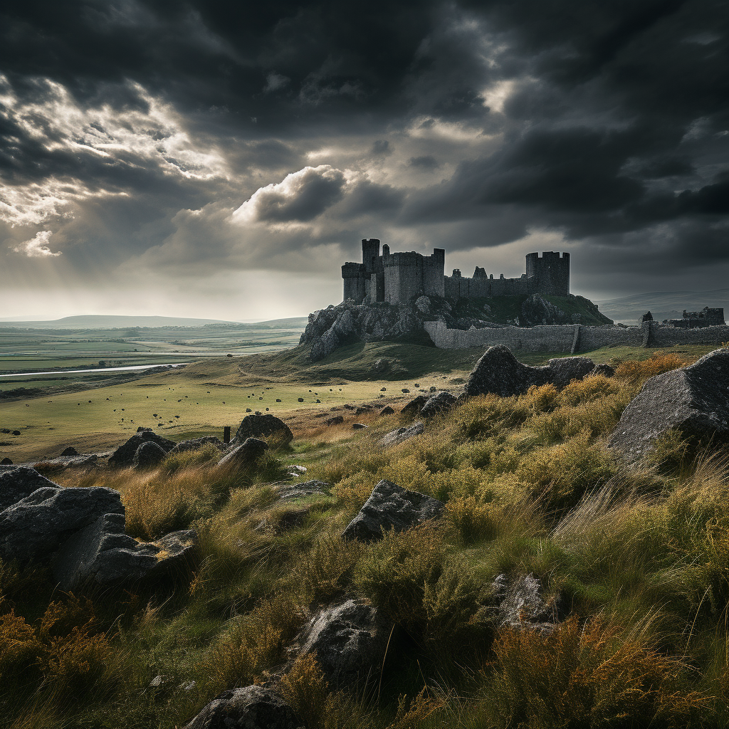 Massive gothic castle in dark stormy Wales landscape