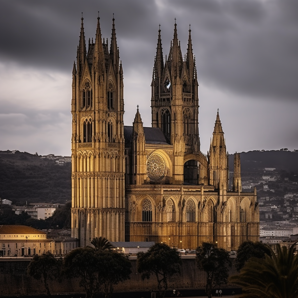 Beautiful gothic cathedral on hillside with port city view