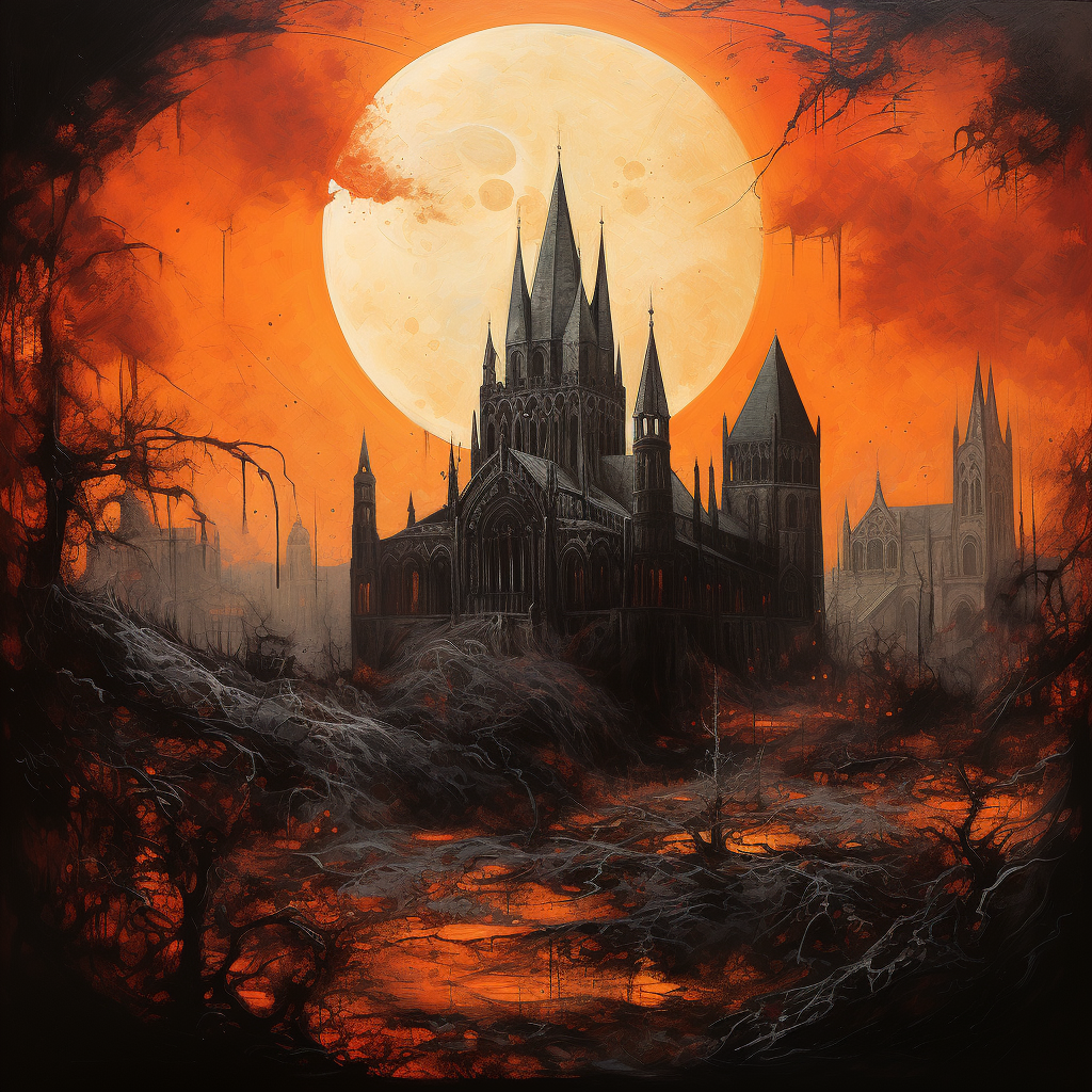 Gothic catthedral with orange moon