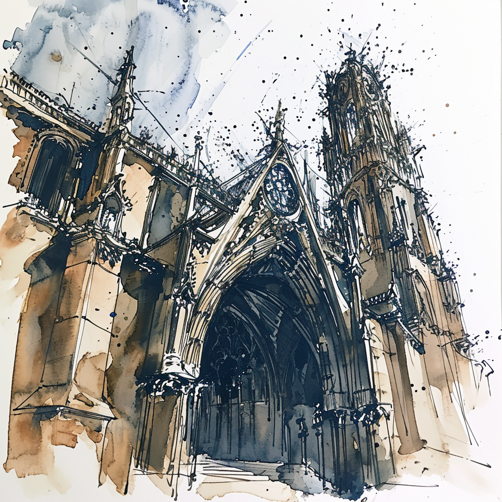 Ink sketch of a gothic cathedral