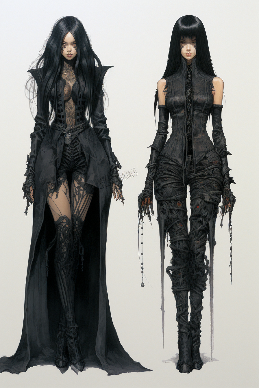 Tall black-haired gothic woman in fashion illustration