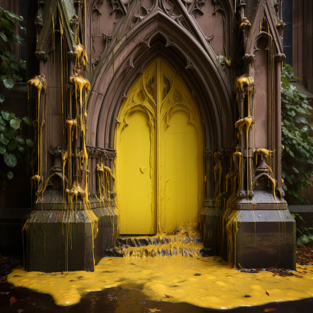 Gothic church doorway covered in slime mold