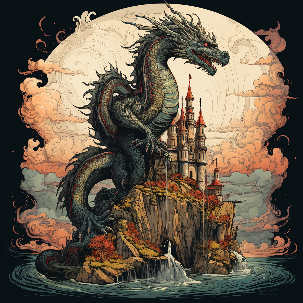 Gothic dragon on medieval tower in valley