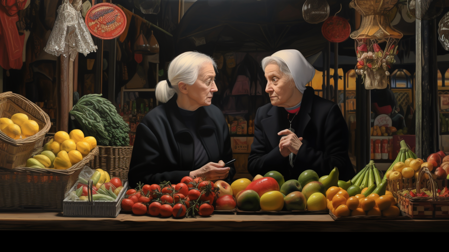 Two concerned elderly women at fruit stall