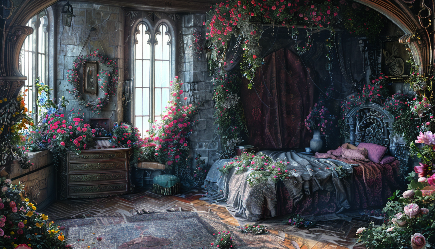 Gothic fantasy bedroom with flowers