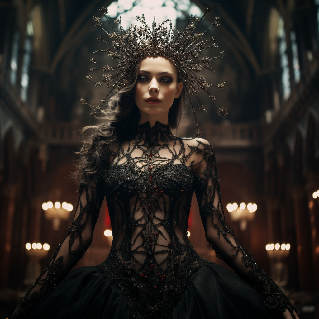 Elegant gothic female vampire in castle