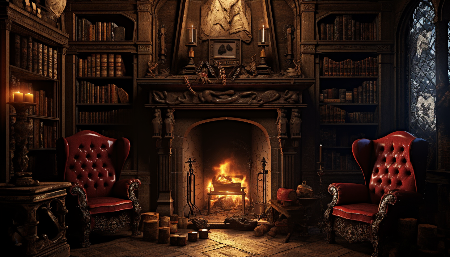 Gothic fireplace with melted candles and red leather chairs