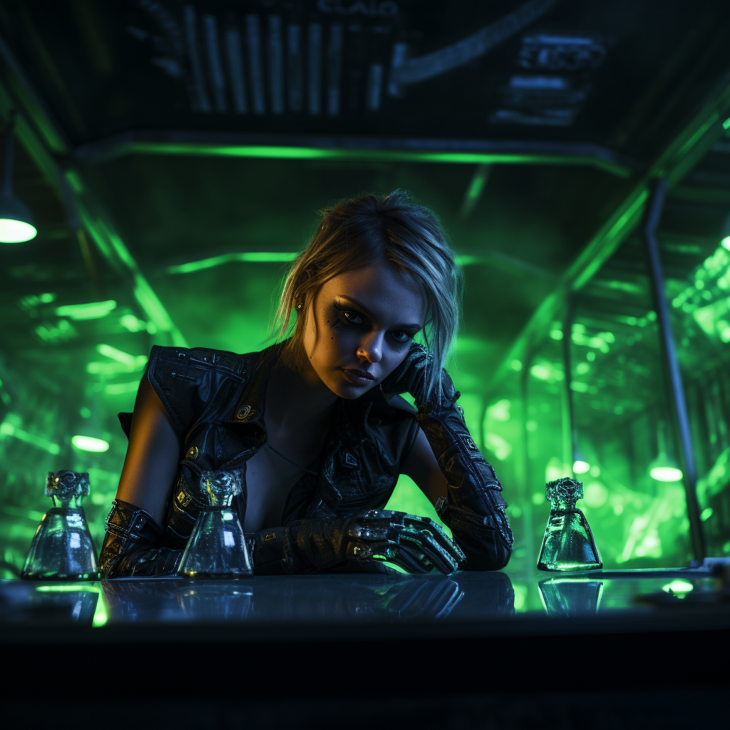 Woman sitting in green neon lights