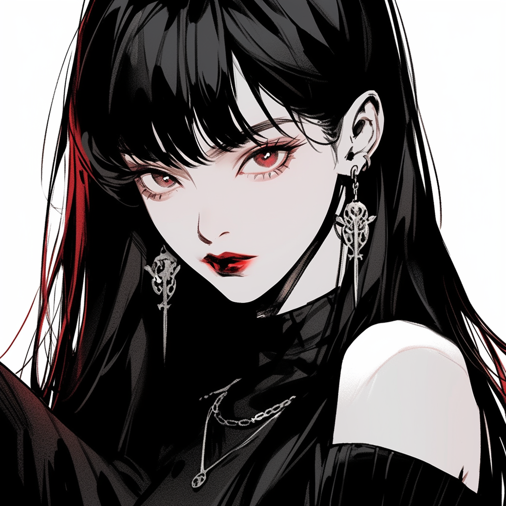 Girl with long black hair and small fangs