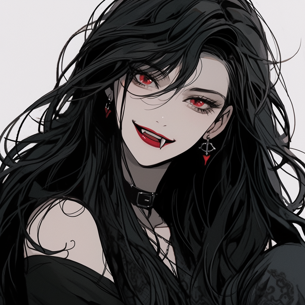 Gothic girl with long black hair and fangs