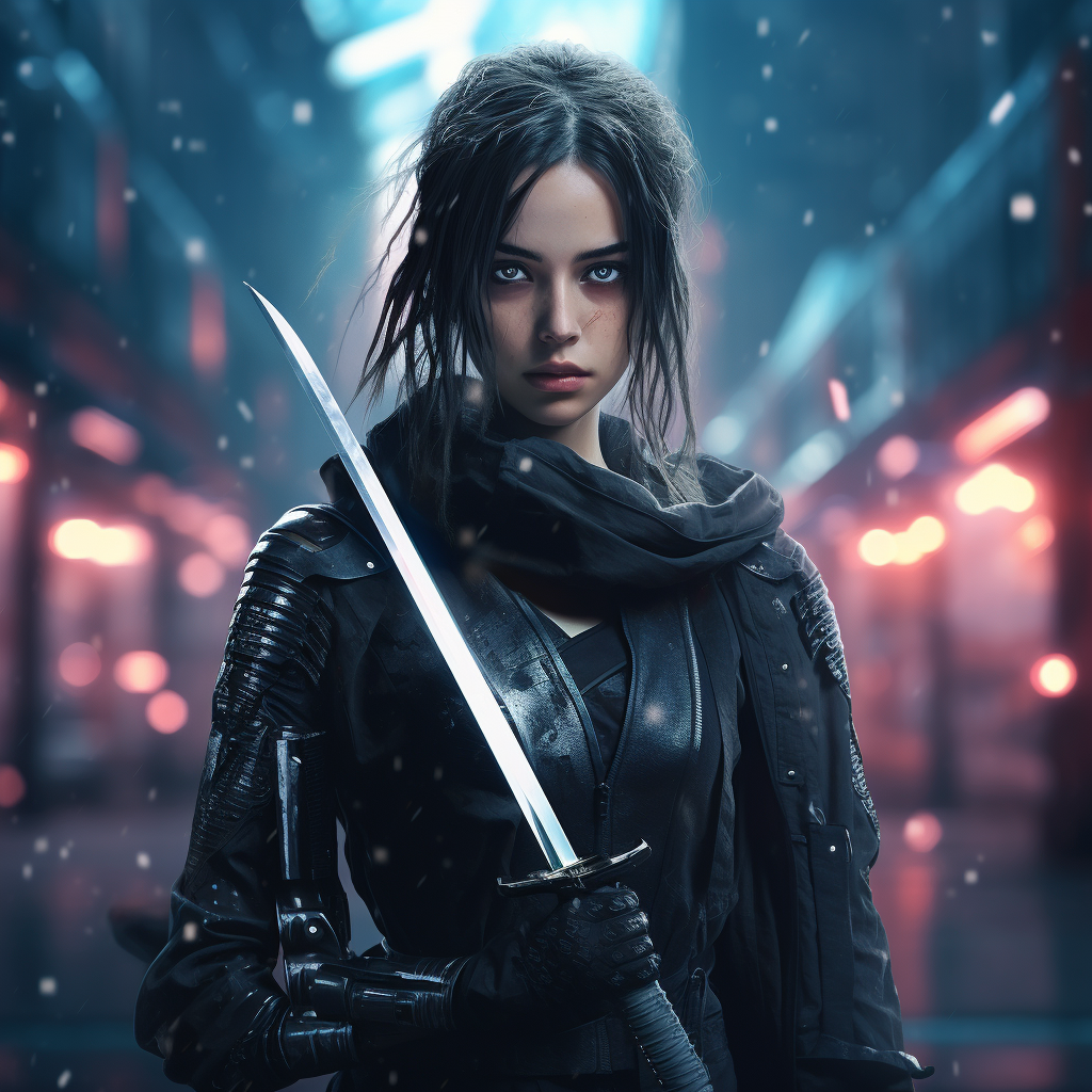 Young Gothic Girl with Katanas in Cyberpunk City