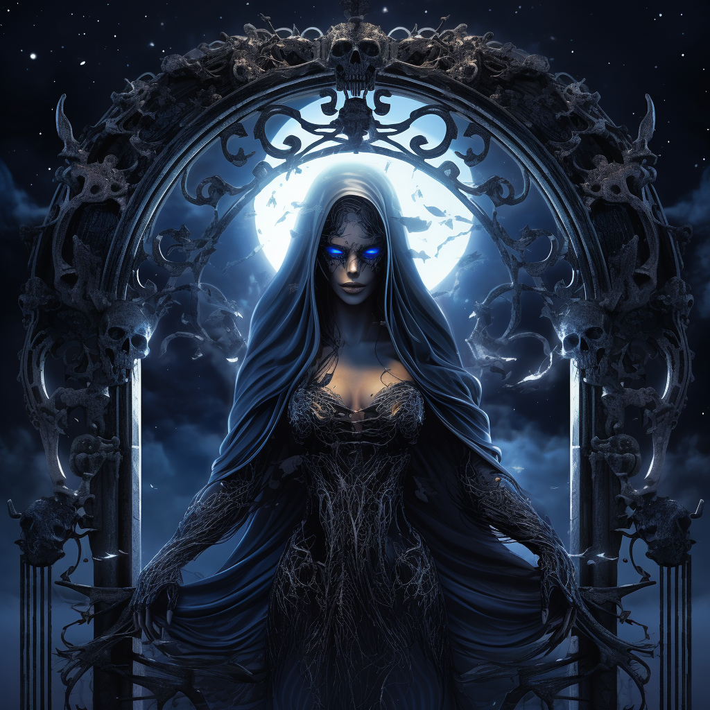 Veiled Goddess Skull in Navy Robes at Gothic Iron Gates