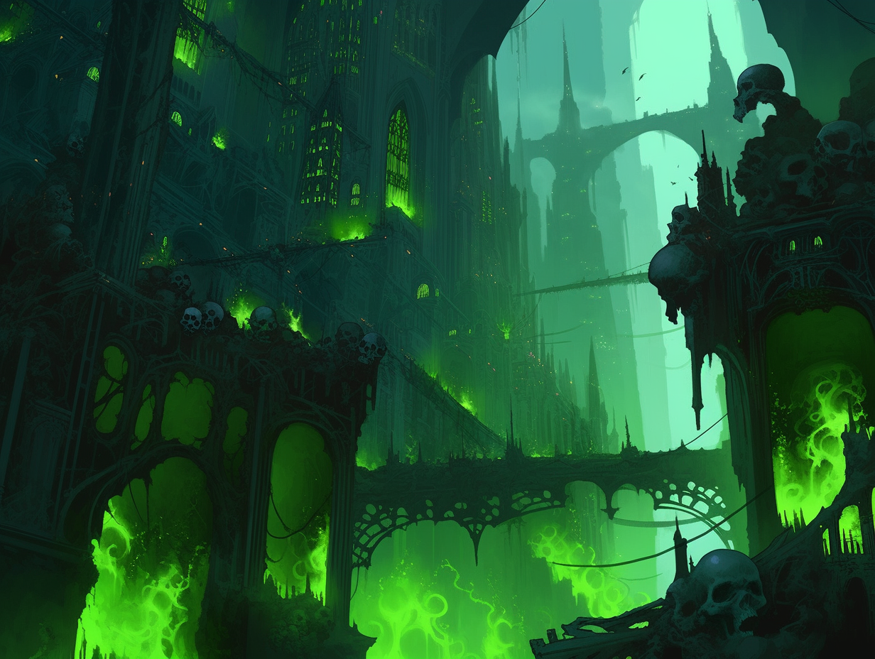 Ruined city covered in toxic green crystals