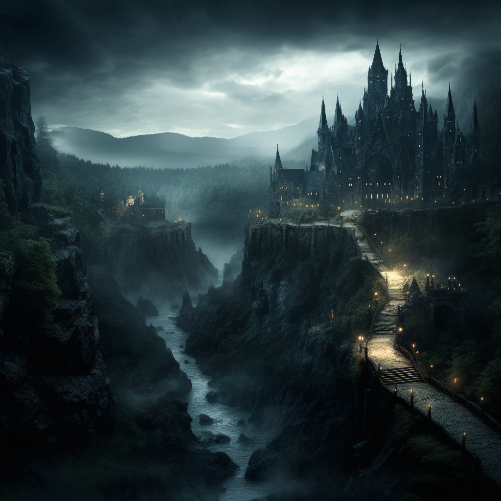 Gothic horror fantasy city in the mountains