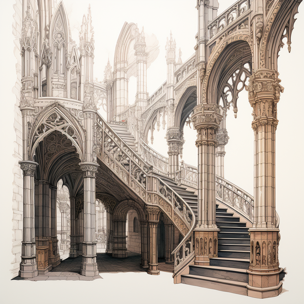 Gothic interior architecture drawings in isometric view