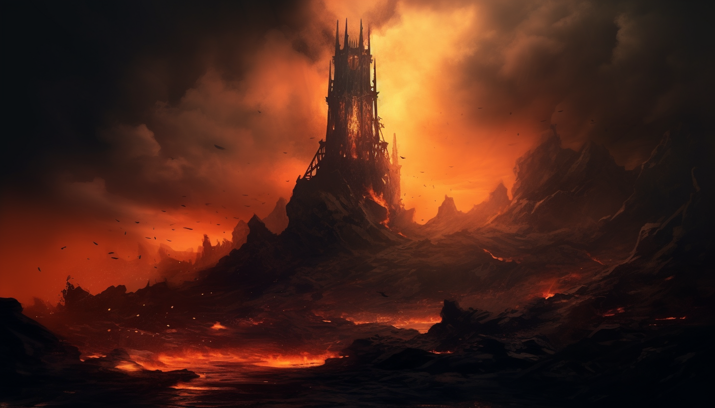 Dark Gothic Iron Tower in a Pool of Lava