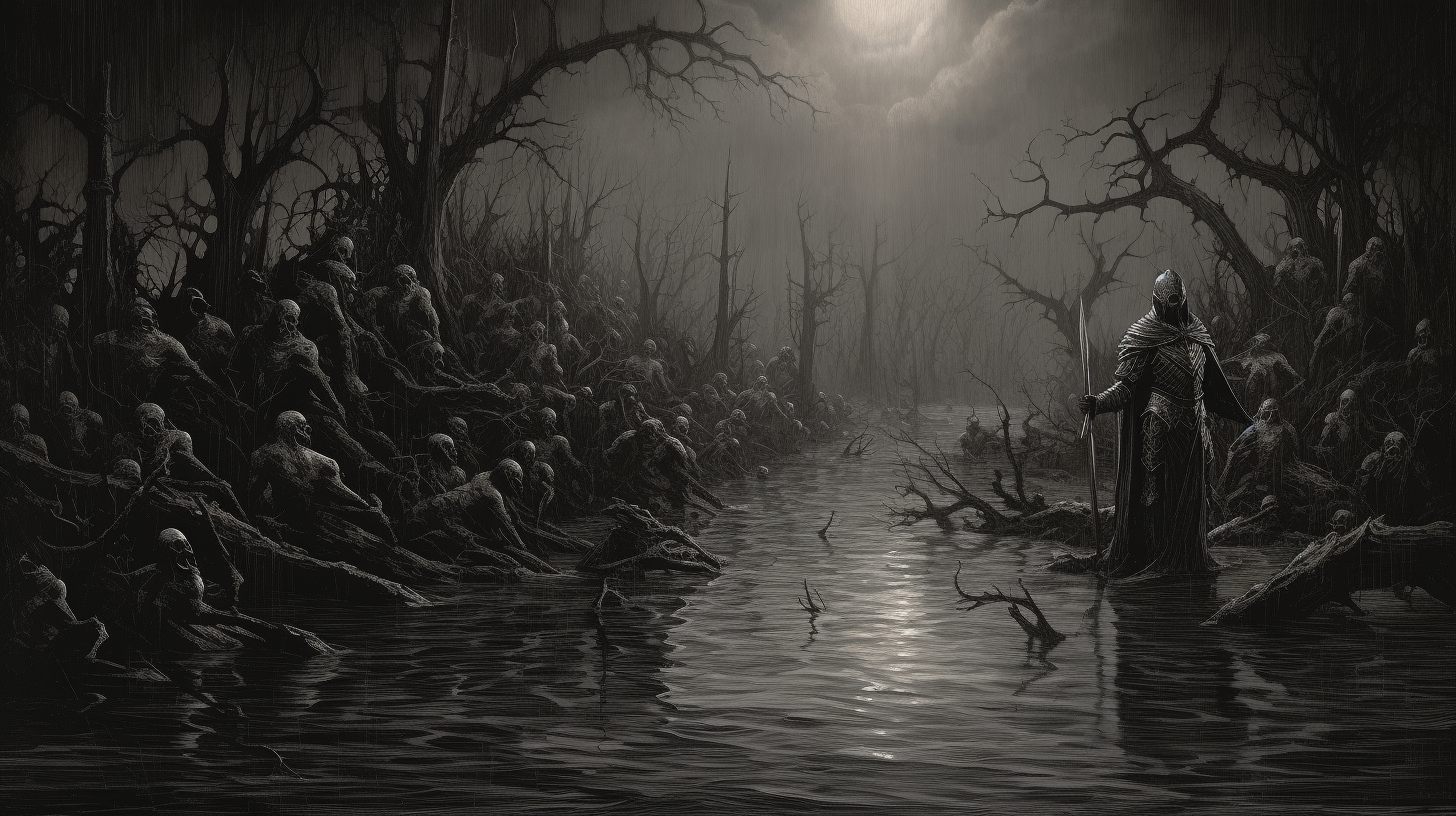 Gothic knight flooded swamp piranhas illustration