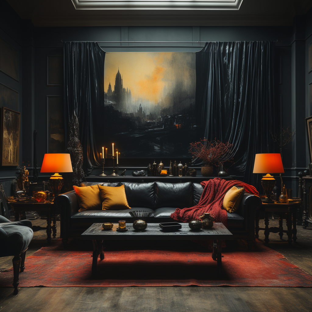 Eclectic Gothic Living Room with Picture Frame, Drapes, Sofa, Furnishings