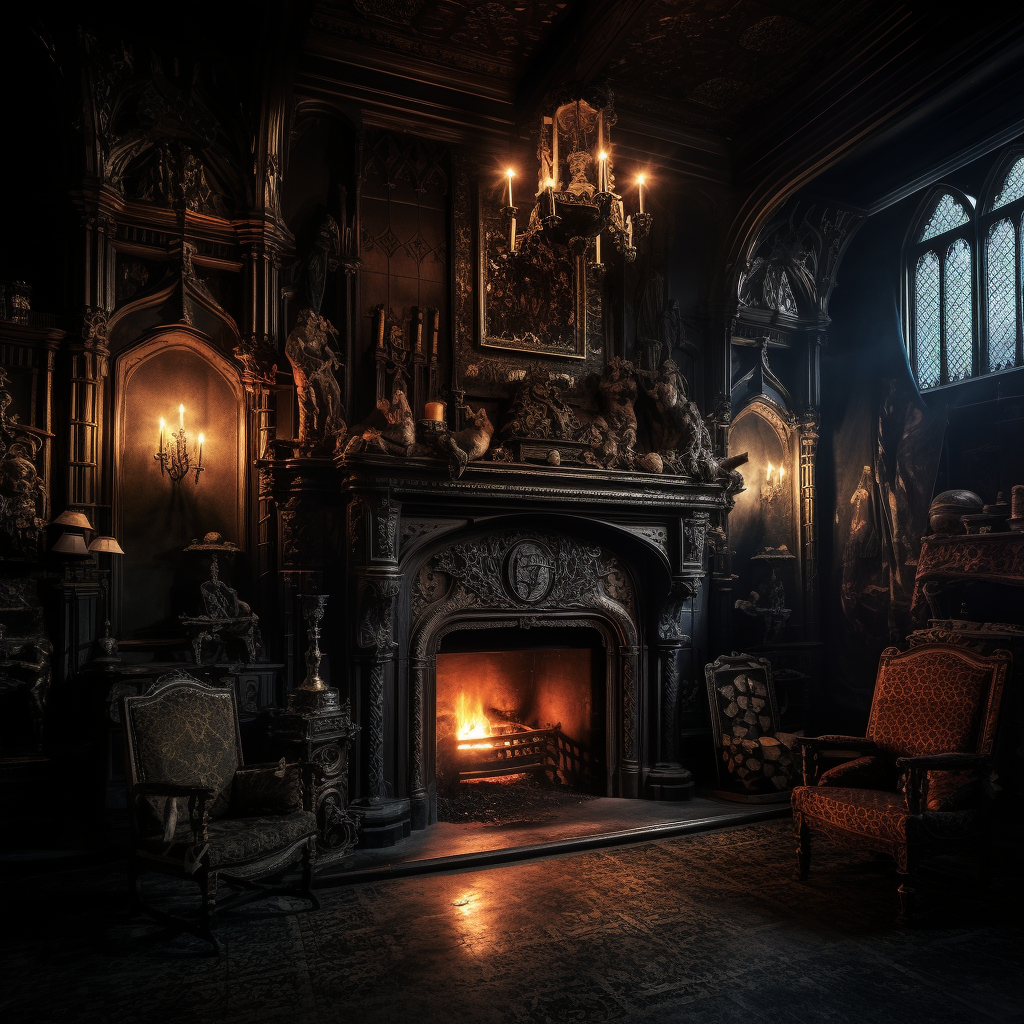 Creepy Gothic Mansion with Spotlit Fireplace